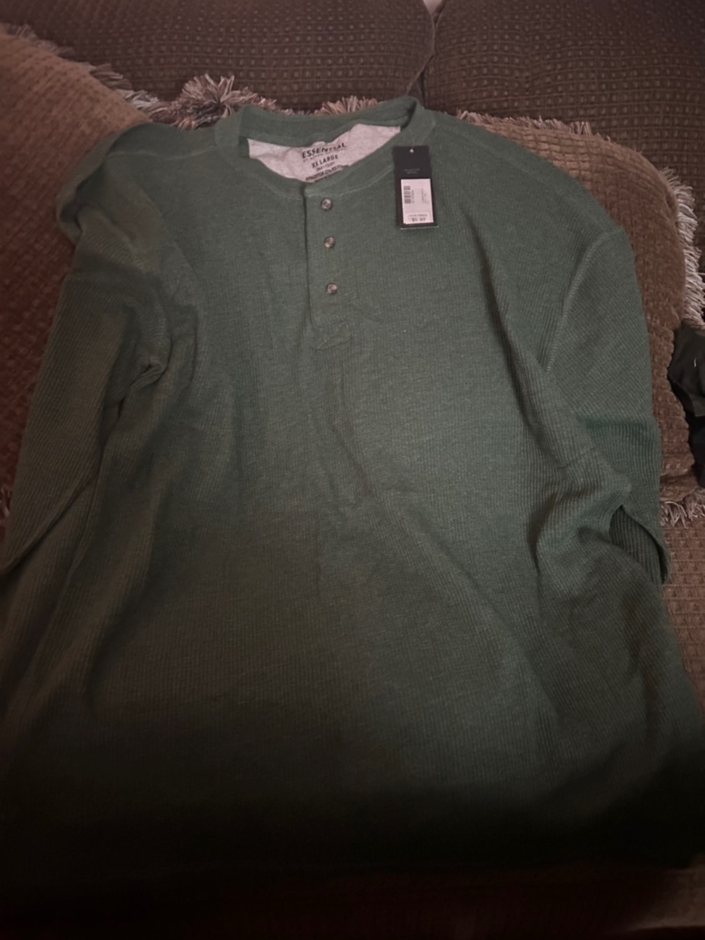 Essentials Green Waffle Henley Long Sleeve Top